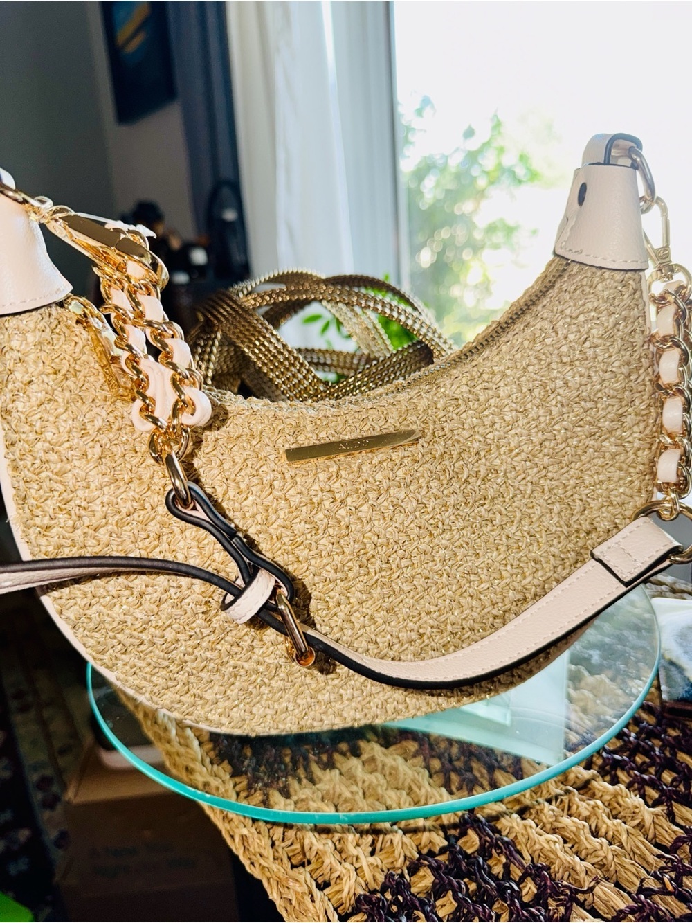 NWT ALDO Woven Straw Crescent Shoulder Bag Gold Chain Strap